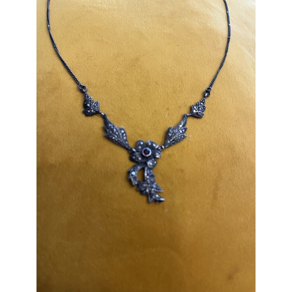 Sterling Silver Marcasite Garnet Flower Dangle Pendant Necklace 18.5” 9 Gram 925